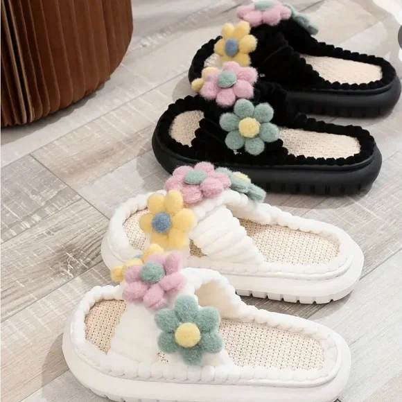 BRAND NEW SLIP-ON FLORAL SLIPPERS, White with Colorful Flowers, Very Cozy - Picture 5 of 5